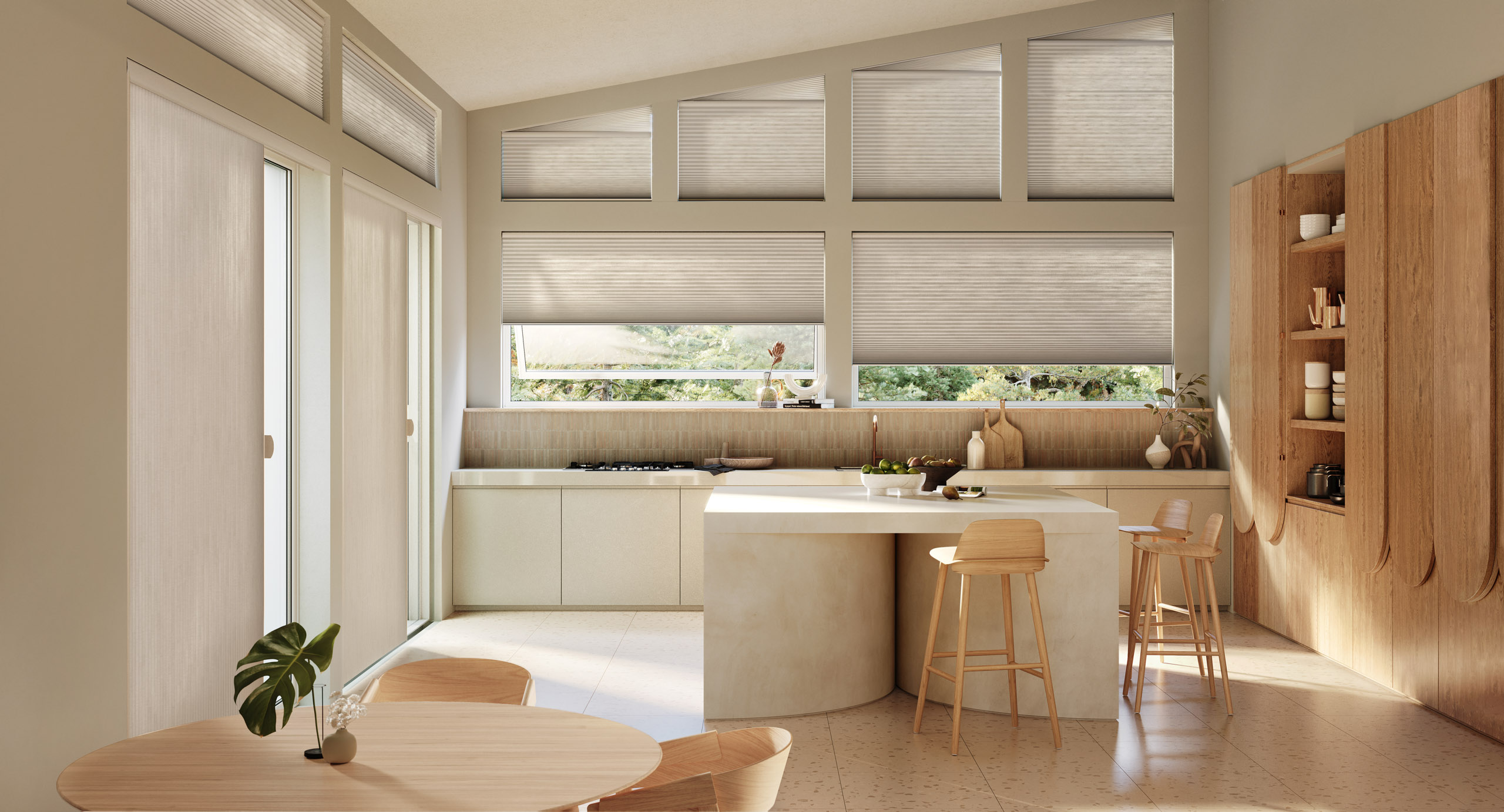 Dining area in kitchen with Hunter Douglas Duette® Cellular Shades.