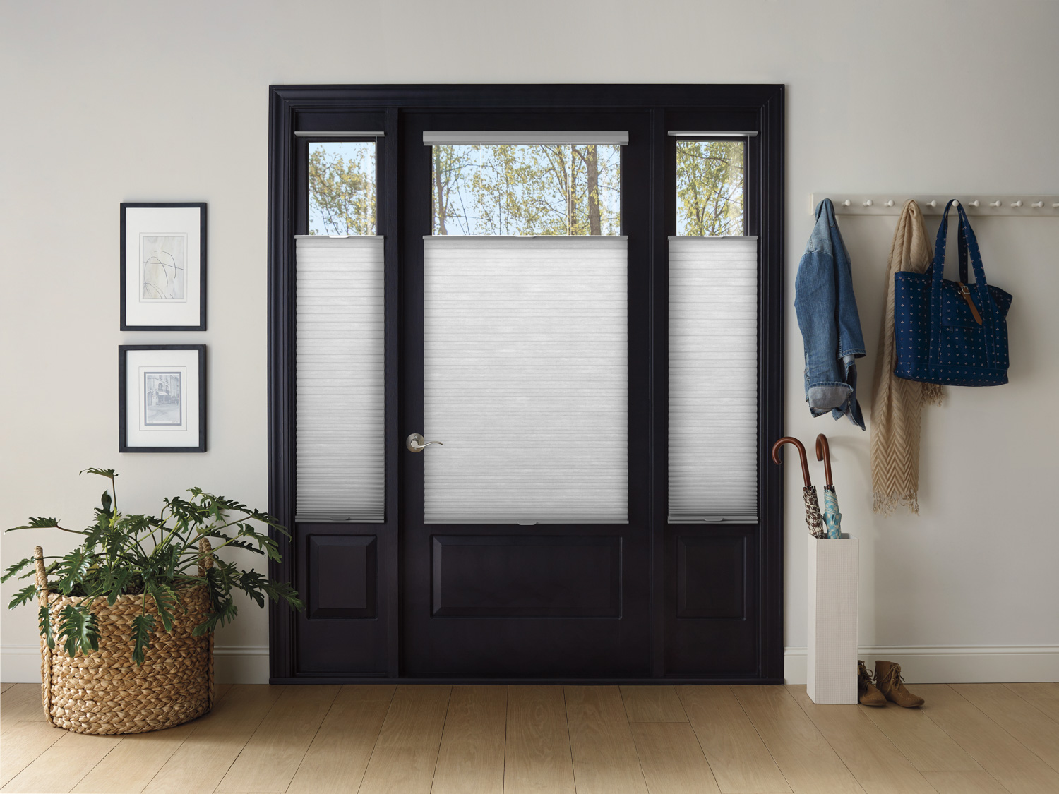 A black door with a white blind, highlighting the elegance of Hunter Douglas Duette® Honeycomb Shades on doors.
