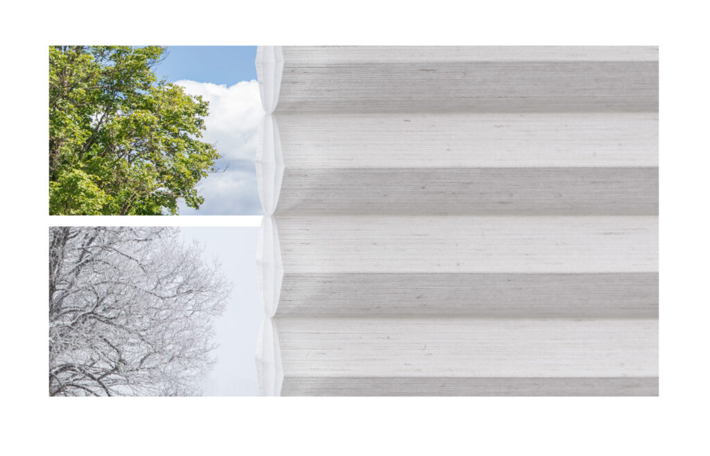 Dual images: a tree and a window with white blinds featuring Hunter Douglas Duette® Honeycomb Shades for year-round thermal insulation.