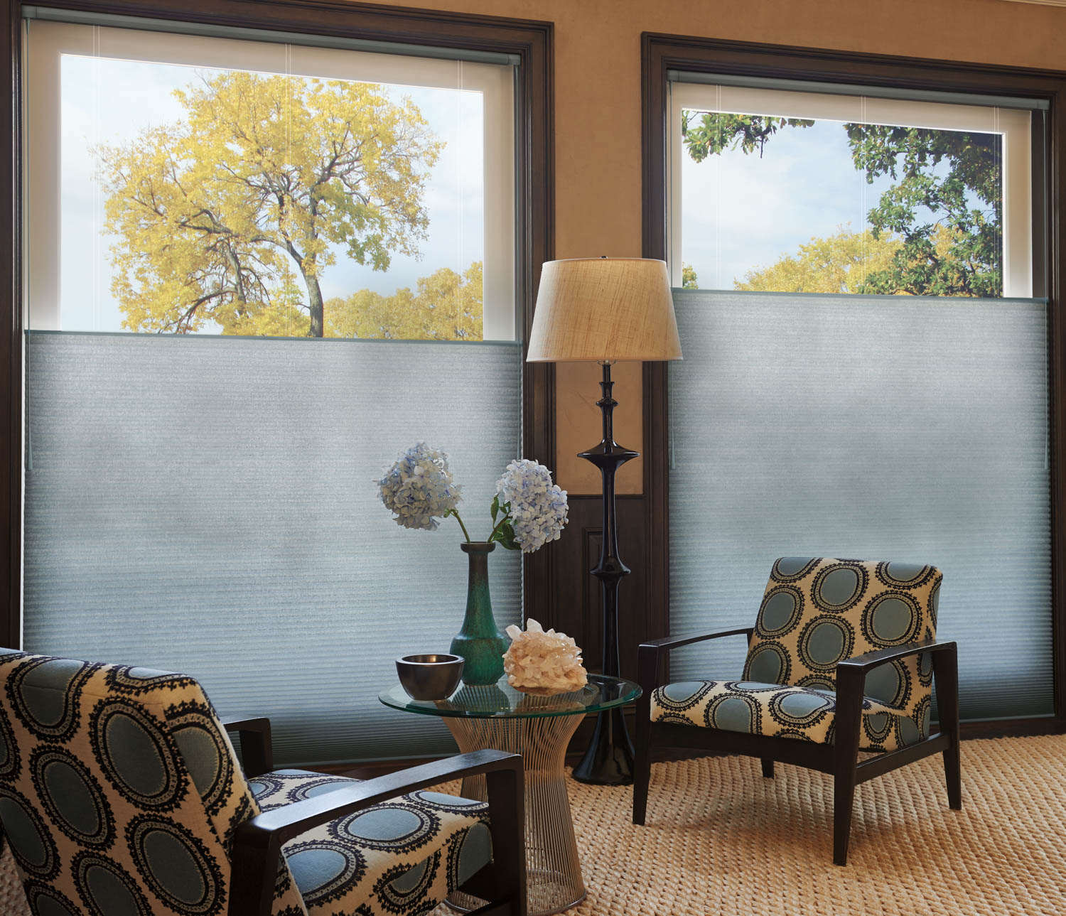 Living room with Hunter Douglas Duette® Honeycomb Shades on window with blinds.