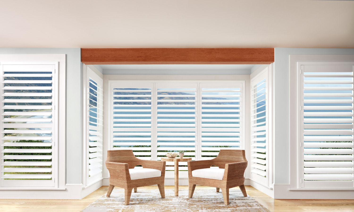Elegant composite shutters in a stylish sitting area.