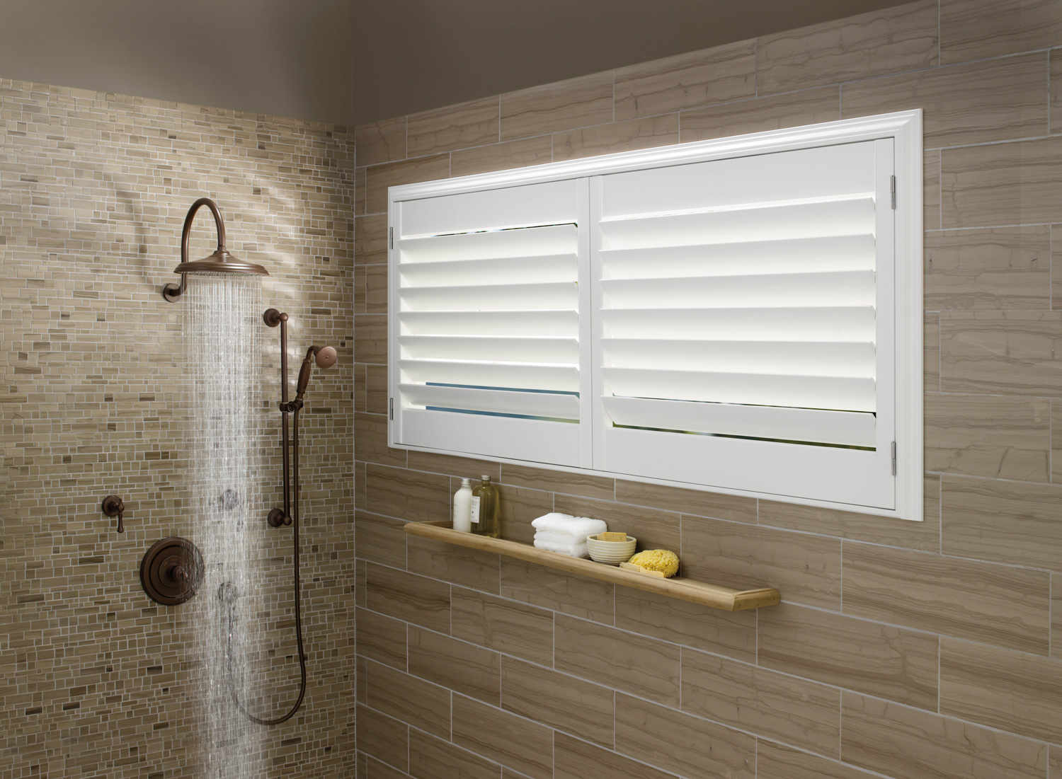 Composite shutters in shower window, providing privacy and style to the bathroom decor.