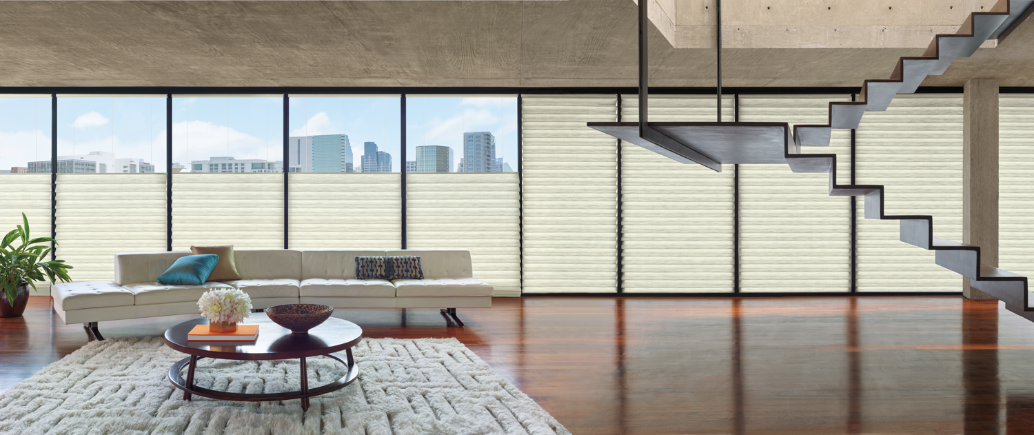 Modern living room featuring large windows, chandelier, and Hunter Douglas Vignette® Modern Roman Shades.